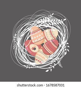 Easter eggs in nest. Easter eggs with beautiful drawings. Happy Easter.Hand-drawn. Vector illustration.