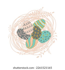 Easter eggs in nest. Easter eggs with beautiful drawings. Happy Easter.Hand-drawn. Vector illustration.