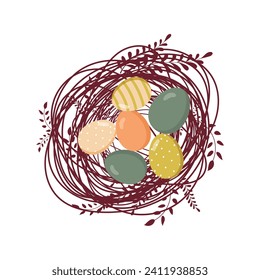 Easter eggs in nest. Easter eggs with beautiful drawings. Happy Easter.Hand-drawn. Vector illustration.