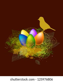 Easter. Eggs in a nest with a bird. vector