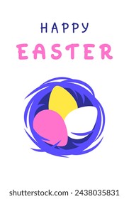 Easter eggs in nest, branch and leaves. Eco decoration. Vector flat cartoon illustration in minimalist style. Perfect for poster, print,  invitation, greeting card