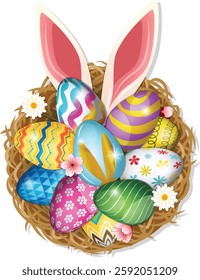 Easter Eggs in Nest with Bunny Ears and Spring Flowers Daisies and Cherry Blossoms. Top View Festive Detailed Concept Graphic Isolated 