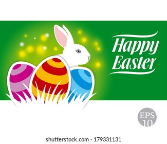easter eggs in nest with bunny on green background