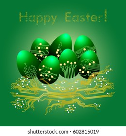 Easter eggs in nest in circuit board style. Happy Easter greeting card. Vector Illustration