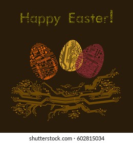 Easter eggs in nest in circuit board style. Happy Easter greeting card. Vector Illustration