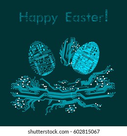 Easter eggs in nest in circuit board style. Happy Easter greeting card. Vector Illustration