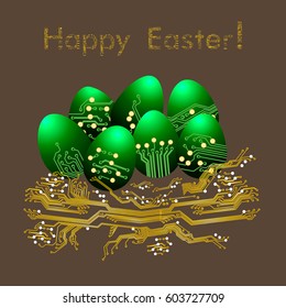 Easter eggs in nest in circuit board style. Happy Easter greeting card. Vector Illustration