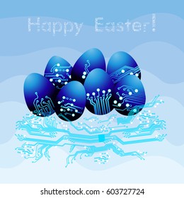 Easter eggs in nest in circuit board style. Happy Easter greeting card. Vector Illustration