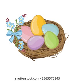 Easter eggs in a nest decorated with blue flowers. Easter greetings and gifts in flat lay style. Multicolored eggs in the form of gingerbread. Vector isolated drawing on a white background