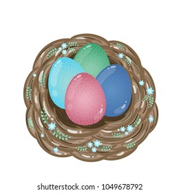  Easter eggs in a nest decorated with flowers and leaves