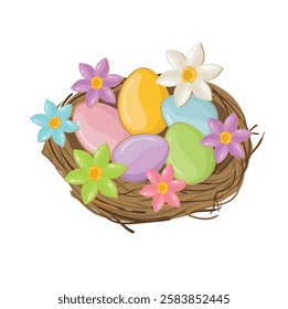 Easter eggs in a nest decorated with flowers. Happy Easter greetings and gifts. Multicolored eggs in the form of gingerbread. Vector isolated drawing on a white background