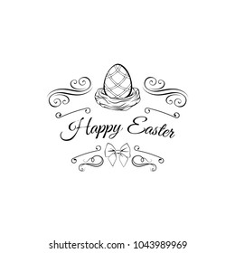 Easter eggs in a nest decorated with swirls, bow and ornate frames. Vector illustration isolated on white background. Easter greeting card.