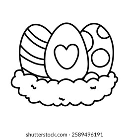 Easter eggs in nest doodle outline on white background