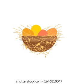 Easter eggs in nest flat color vector icon isolated. Cute colorful egg cartoon. Bird straw nest minimalist design element. Happy Easter Sunday celebration poster decorative background illustration