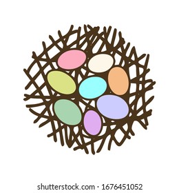 Easter eggs in nest flat color vector icon isolated. Cute colorful egg cartoon. Bird straw nest minimalist design element.