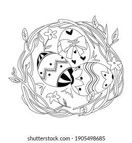 Easter eggs in nest in hand drawn doodle style. Vector illustration can be used for seasonal design at Easter, in children's books, coloring book page, packaging, textiles