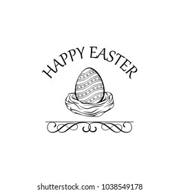Easter eggs in nest. Happy Easter lettering. Greeting card. Vector illustration with swirls and filigree elements.