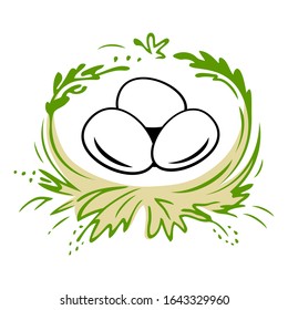 Easter Eggs In The Nest Logo. Happy Easter Eggs Vector Illustration.