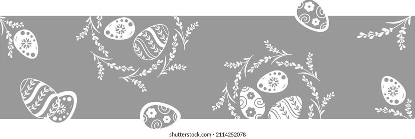 Easter eggs nest monochrome header with silhouettes of decorated eggs and twist with flowers. Happy Easter vector design 