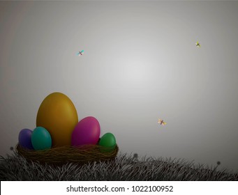 Easter eggs in the nest on the grass Easter composition with colored eggs, vector
