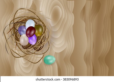 Easter eggs in nest on light brown wooden background. Vector