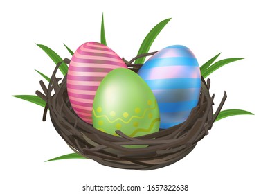 Easter eggs in the nest. Vector illustration isolated on white background.
