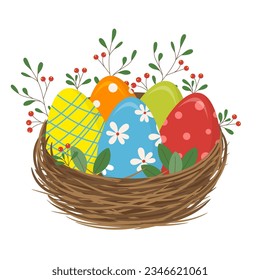 Easter Eggs in Nest Vector Spring Illustration.