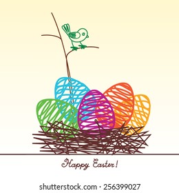 Easter eggs in nest with the wishes of Happy Easter, with a bird. Vector