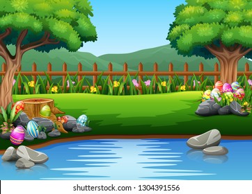 Easter eggs on the beautiful park with nature background