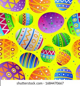 Easter eggs on black background. Seamless pattern.