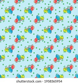 Easter eggs  on blue background. Seamless pattern for wrapping paper or textile print.