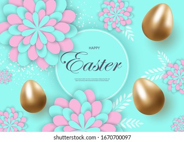 Easter eggs on blue background.Happy Easter greeting web banner. Promotion and shopping template for Easter Day. Vector illustration