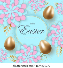 Huevos de Pascua sobre fondo azul. Plantilla de promoción y compra para el Día de Pascua.Ilustración vectorial