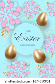 Easter eggs on blue background.Happy Easter greeting web banner. Promotion and shopping template for Easter Day.Vector illustration vertical view