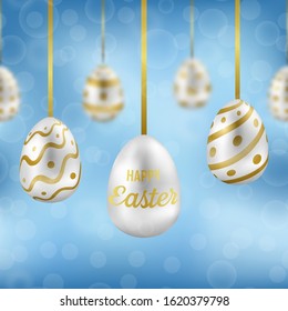 Easter Eggs on blue sky with bokeh effect seamless pattern