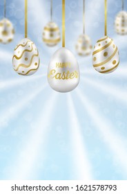 Easter Eggs on blue sky with bokeh effect greeting pattern