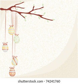 Easter eggs on a branch on a background with pastel colors