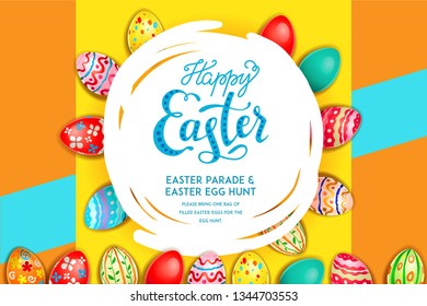 Easter eggs on a bright yellow background. Easter holiday backdrop for design card, banner, ticket, leaflet, poster and so on. Happy Easter poster.