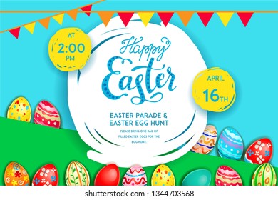 Easter eggs on a bright yellow background. Easter holiday backdrop for design card, banner, ticket, leaflet, poster and so on. Happy Easter poster.