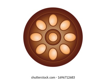 Easter eggs on a brown clay plate on a white background.