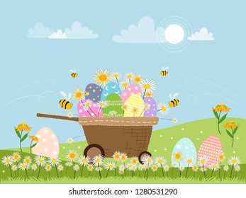Easter eggs on cart in sping field on sunny day, Cute cartoon of Easter eggs in different designs on hills with honey Bees collecting pollen on flowers, Easter background 