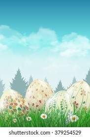 Easter eggs on a field with small white flowers. Vector illustration.