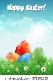 Easter eggs on a filed with flowers. Vector illustration.