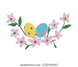 Huevos de Pascua en la rama de floración, ilustración floral de primavera