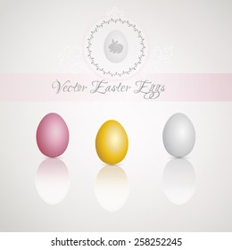 Easter eggs on glossy background. Use as greeting card, poster or website decoration. Vector illustration EPS 10.