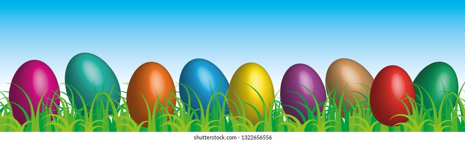 Easter eggs on the grass blue sky background. Happy Easter. vector and illustration.