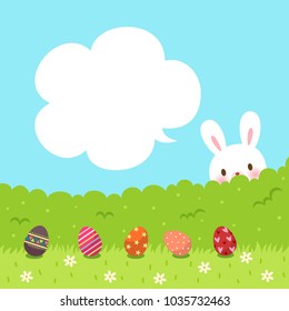 Ostereier auf Gras und Osterhasen mit Sprachblase