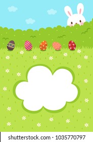 Easter eggs on grass and Easter bunny with cute frame template