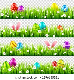 Easter eggs on grass with bunny rabbit ears set. Spring holidays in April. Sunday seasonal celebration with egg hunt.