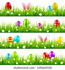 Easter eggs on grass with bunny rabbit ears set. Spring holidays in April. Sunday seasonal celebration with egg hunt.